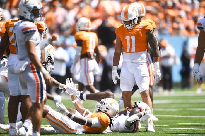 Tennessee ILB Keenan Pili during the win over Virginia on September 2nd, 2023, in Nashville, Tennessee. (Photo by Caitie McMekin of the News Sentinel)